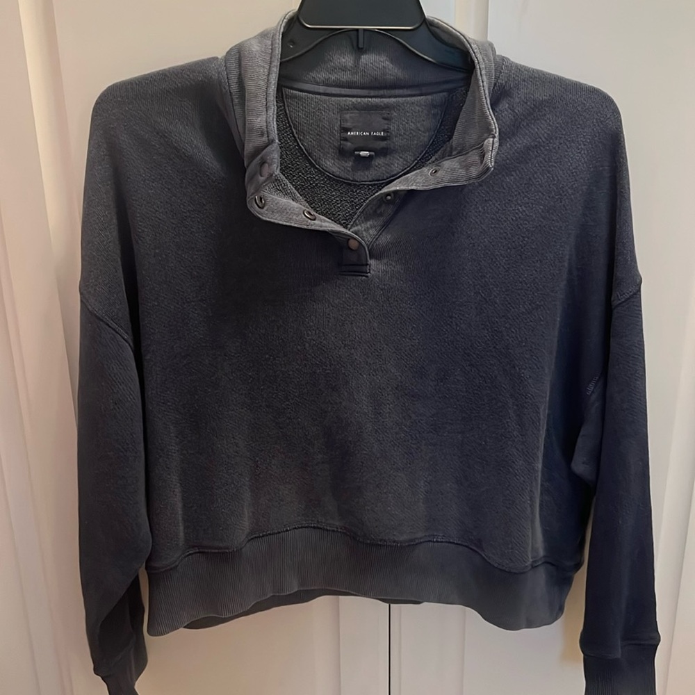 American Eagle Mock Necked Cropped Oversized Henley Sweater Large Blue